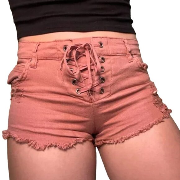 BILLABONG Lace Up Coral Pink Denim Shorts - size 24 - Picture 1 of 3